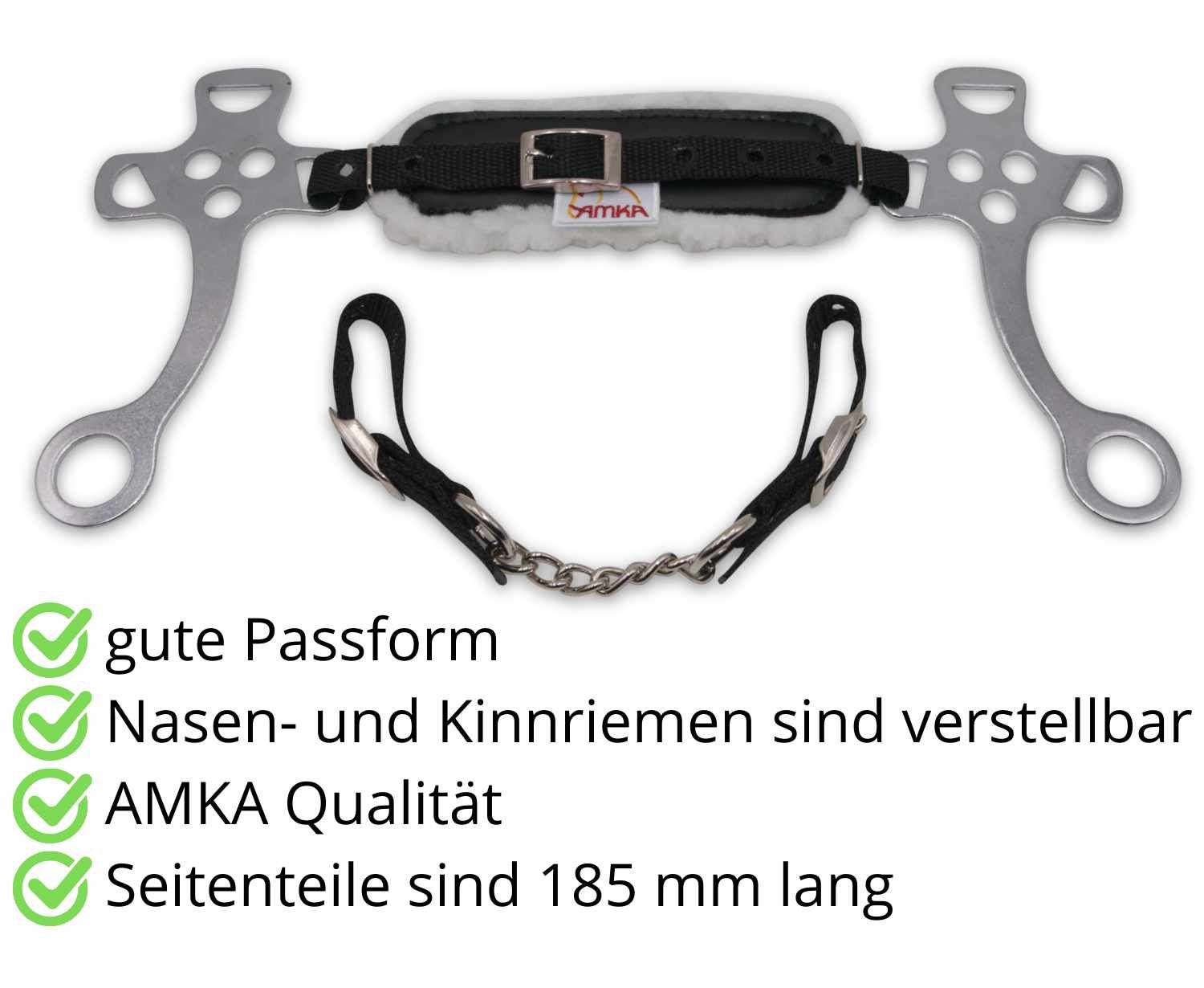 Hackamore AMKA aus Nylon mit Kunstfellunterlage. Metallgestell, schwarze Riemen, weißes Kunstfell. Stufenlos verstellbar.