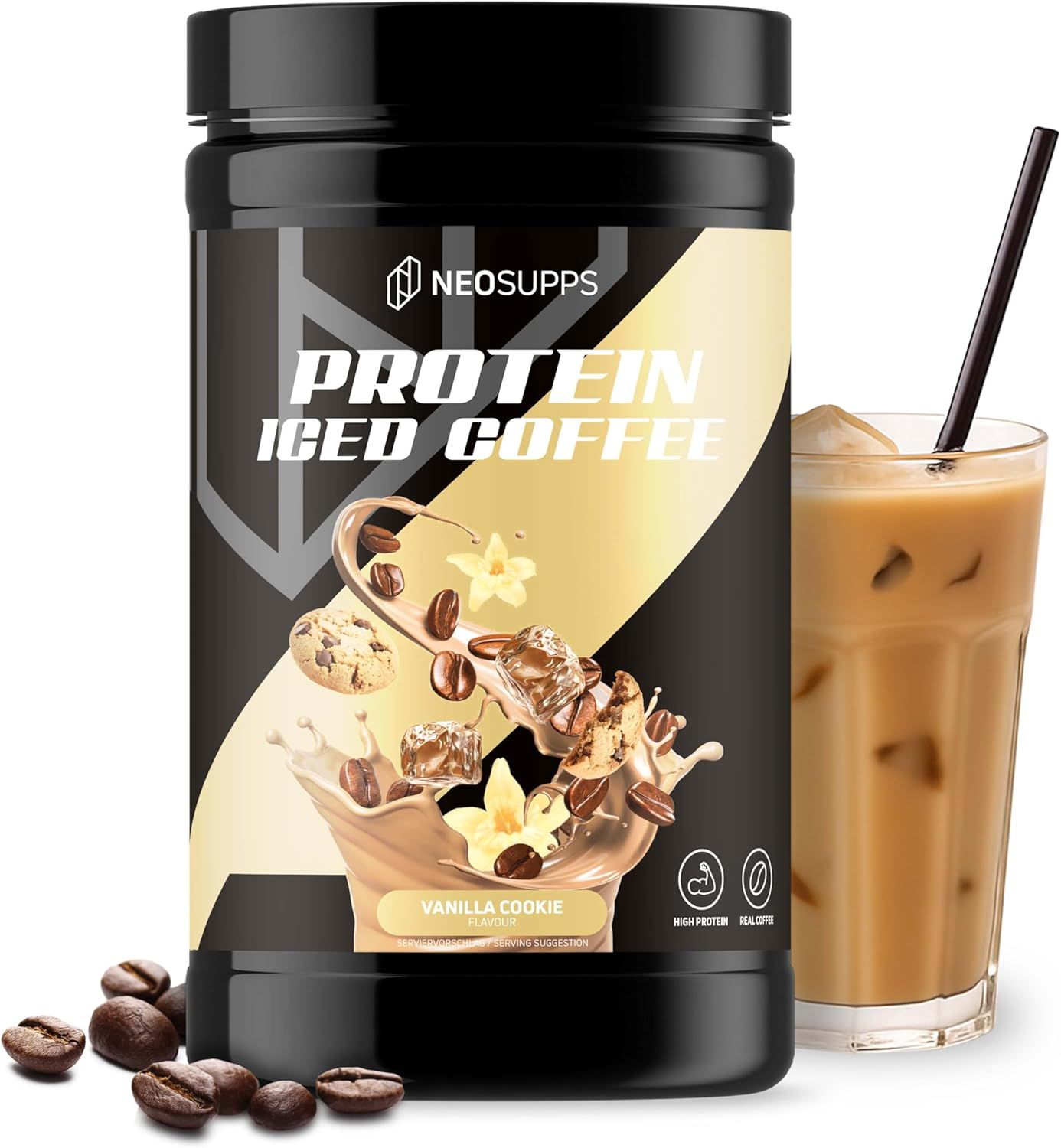 Dose Protein Iced Coffee neben Glas Eiskaffee. Text: Protein Iced Coffee, Vanilla Cookie, High Protein, Real Coffee.