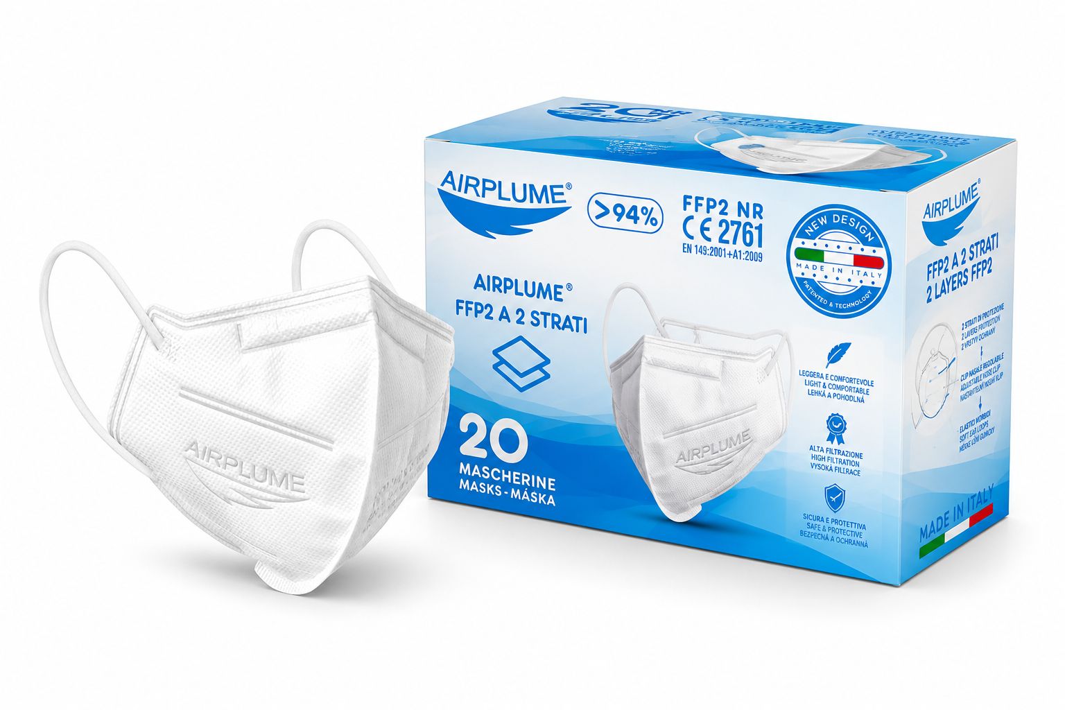 Weiße FFP2-Masken mit Ohrschlaufen, 2 Lagen. Packung mit 20 Stück.