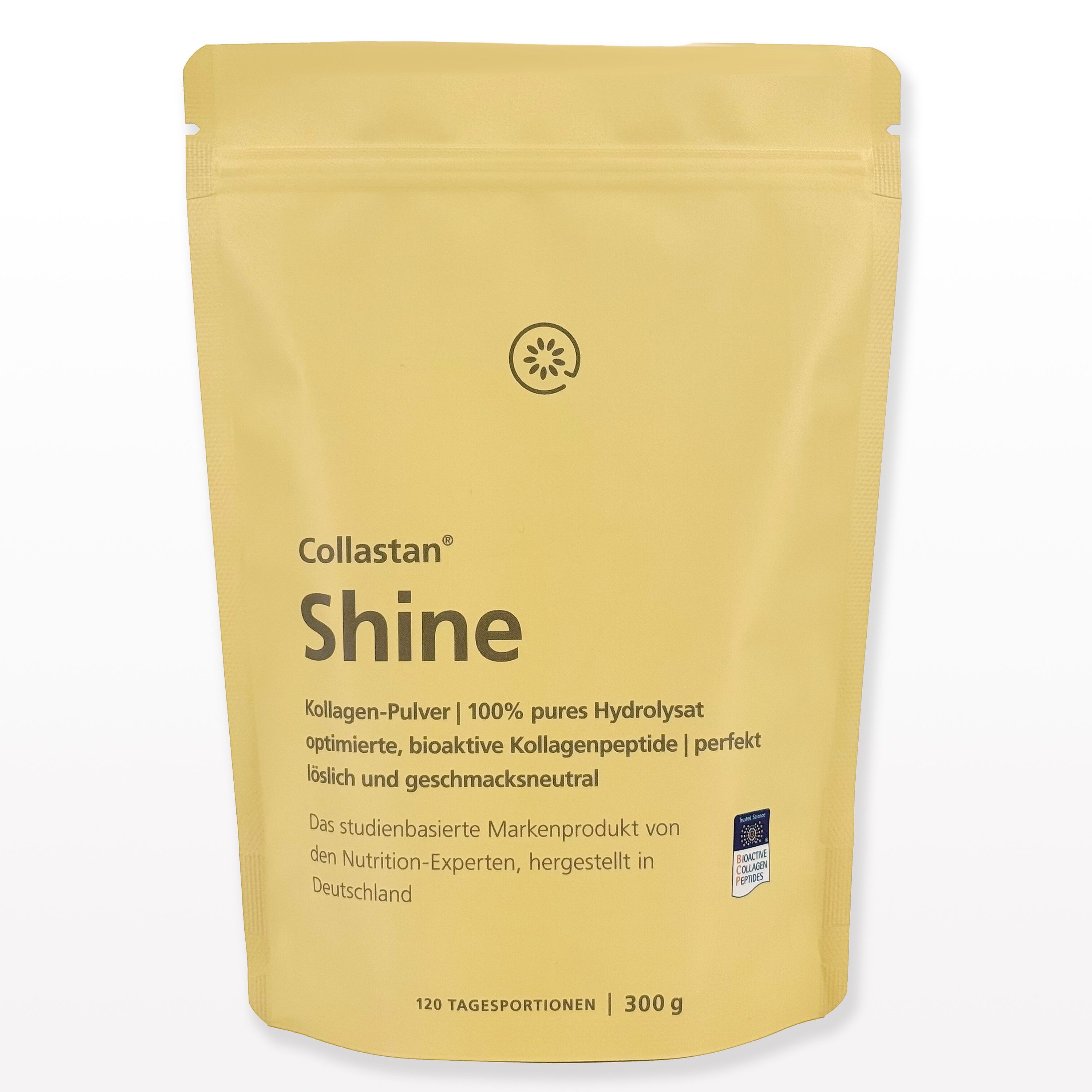 Beutel mit "Collastan Shine". Gelbe Verpackung, Logo, Text. 120 Tagesportionen, 300g.