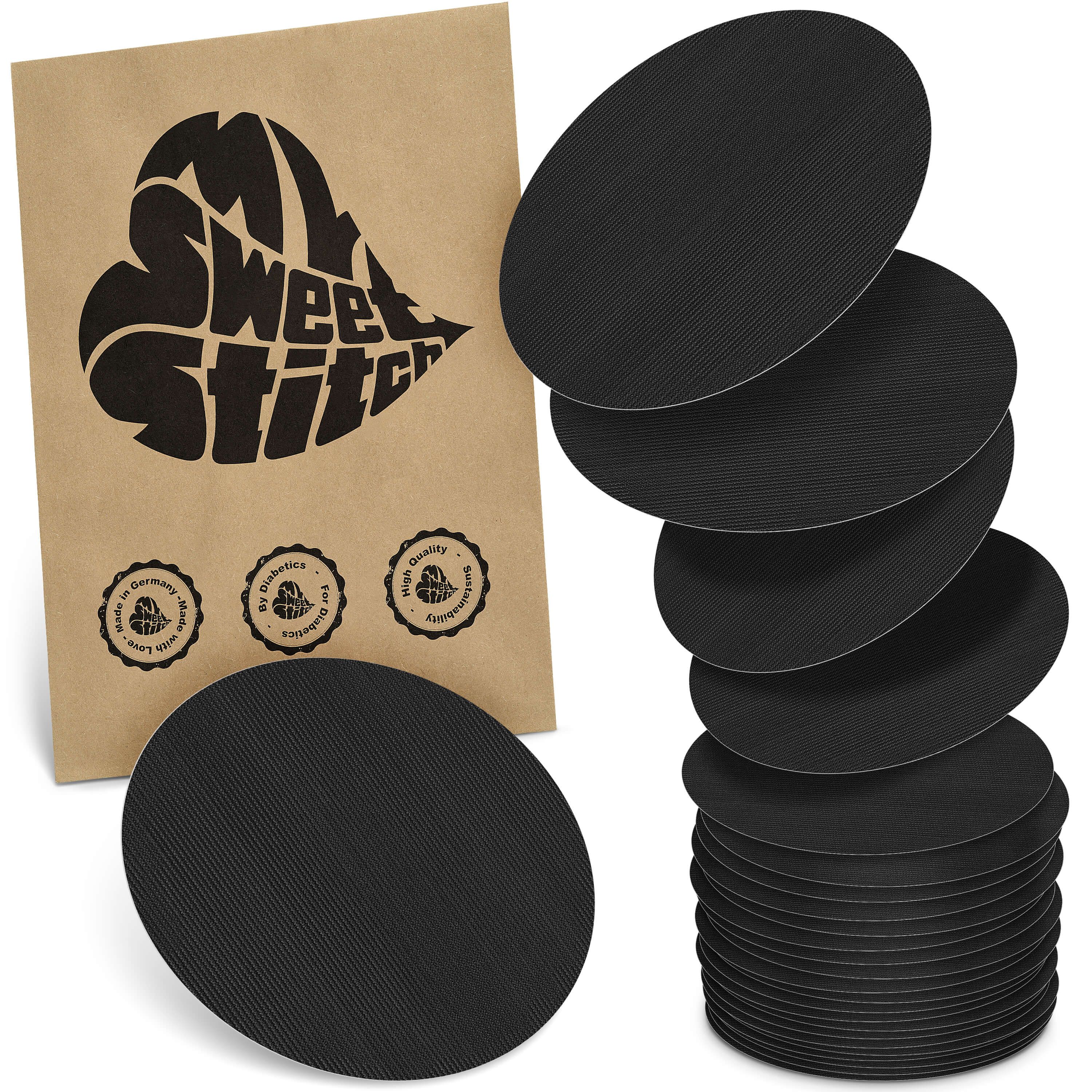 Schwarze, ovale Pflaster. Verpackung mit Logo "MySweetStitch". Siegel: Made in Germany, by doctors, high quality.