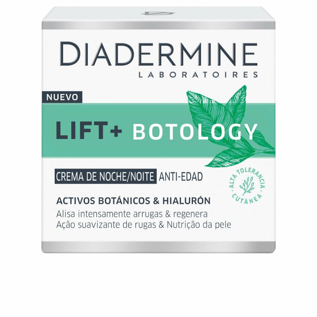 Creme-Verpackung. Diadermine Lift+ Botology Anti-Falten-Nachtcreme. Weißer Tiegel mit grünen und schwarzen Schriftzügen. Blätter-Illustration.