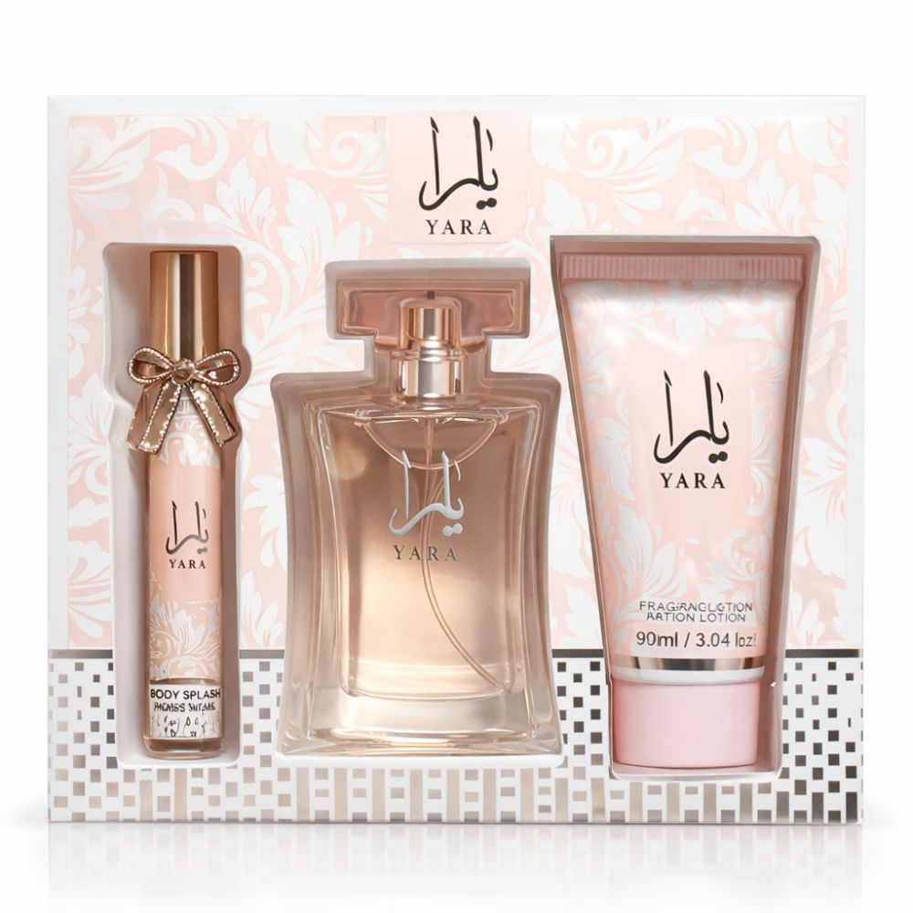 Geschenkset mit Parfüm, Körperspray und Lotion. Rosa Verpackung mit arabischer Schrift. Marke Yara.