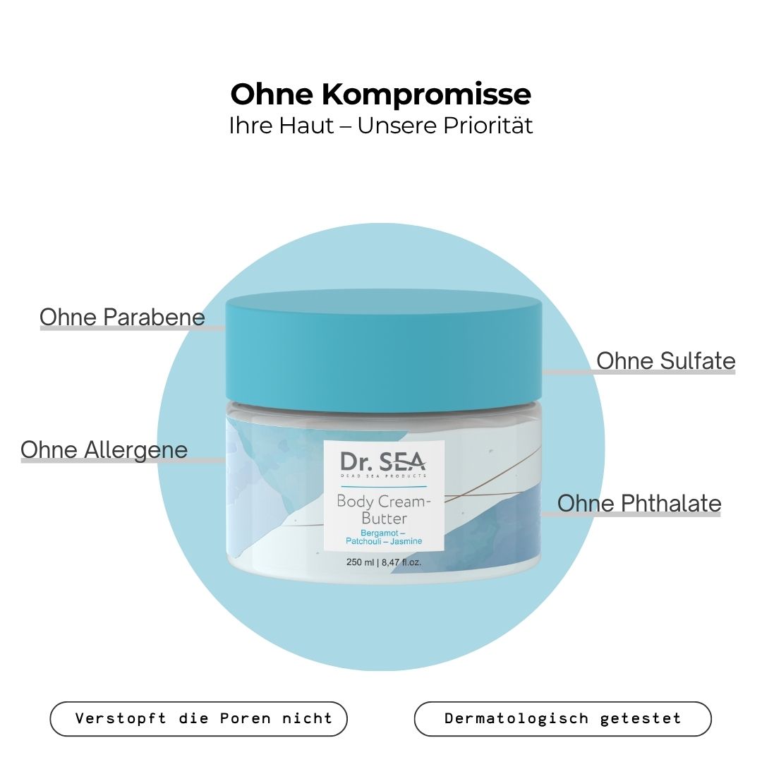 Creme-Butter-Tiegel mit blauem Deckel. Text: Ohne Parabene, Ohne Sulfate, Ohne Allergene, Ohne Phthalate. Dermatologisch getestet.