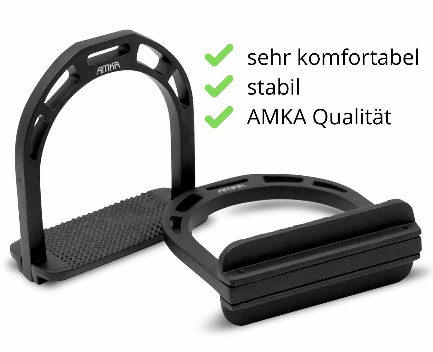 Zwei schwarze AMKA Aluminium Steigbügel. Sehr komfortabel und stabil. AMKA Qualität. Mit rutschfester Trittfläche.