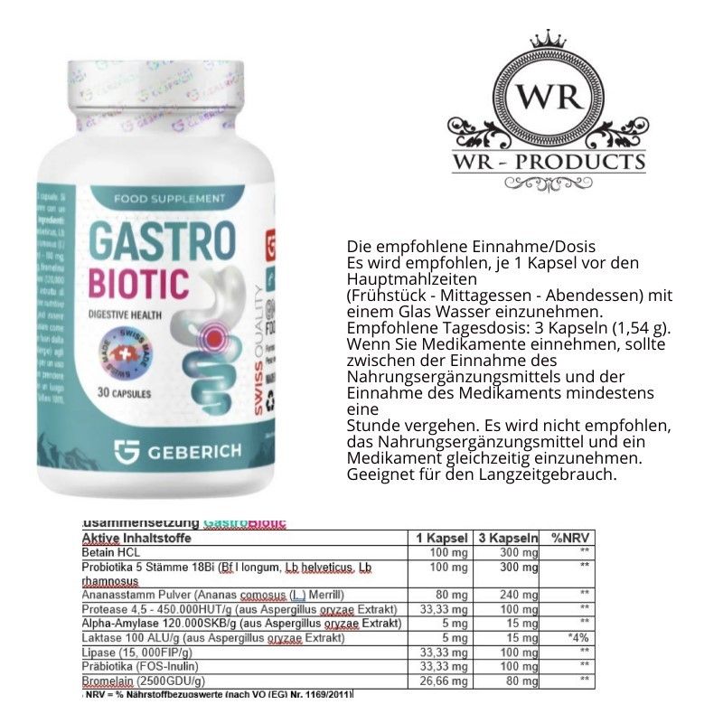 Flasche mit GastroBiotic-Kapseln, daneben Tabelle mit Inhaltsstoffen und Dosierung. Logo: WR-PRODUCTS, Geberich.