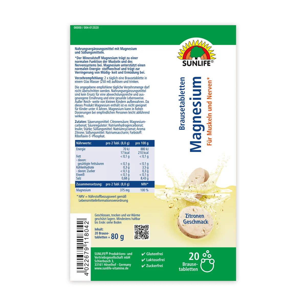 Verpackung Sunlife Magnesium Brausetabletten. Aufschriften: Nährwertangaben, Inhaltsstoffe, 20 Brausetabletten, 80 g, Glutenfrei, Laktosefrei, Zuckerfrei.