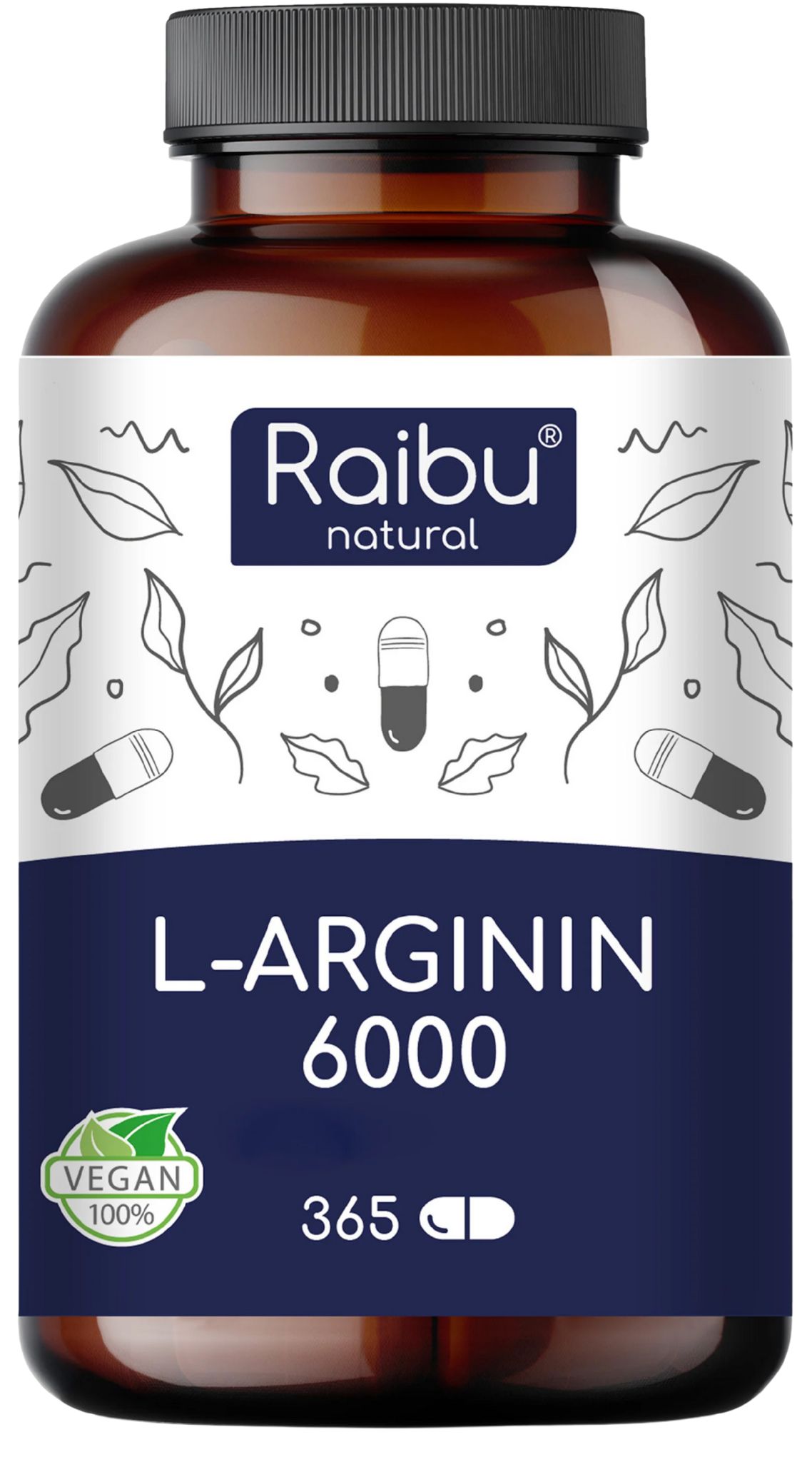 Braune Flasche mit weißem Etikett. Aufschrift: Raibu natural, L-Arginin 6000, 365 Kapseln. Vegan-Siegel.