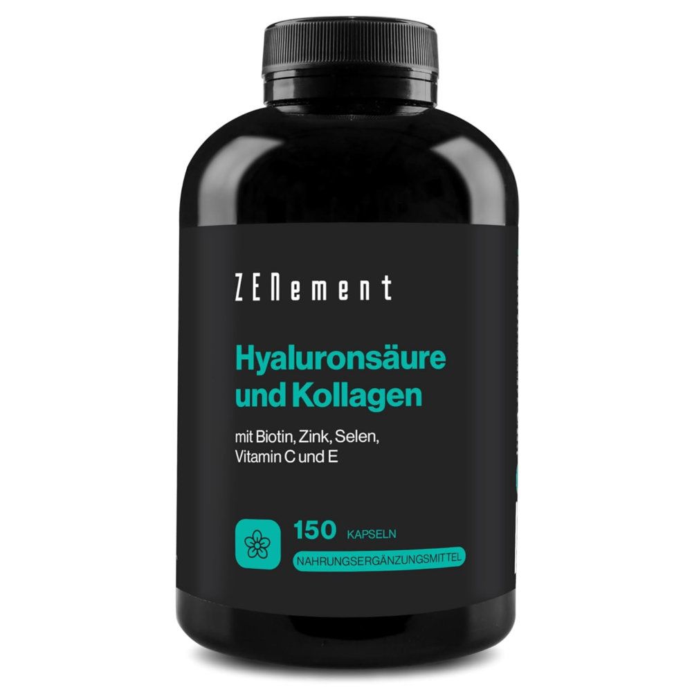Schwarze Flasche mit Produktetikett. Text: Zenement, Hyaluronsäure und Kollagen, mit Biotin, Zink, Selen, Vitamin C und E. 150 Kapseln.