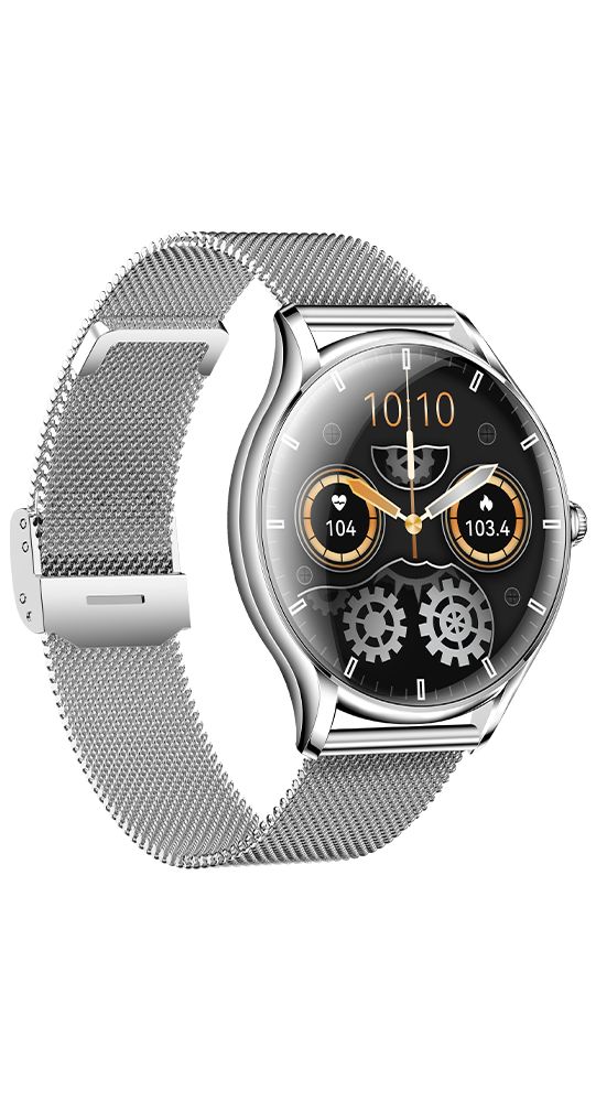 Silberne Smartwatch mit Milanaise-Armband und rundem Zifferblatt, das Herzfrequenz und Schritte anzeigt.