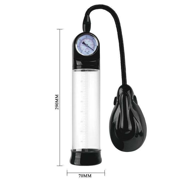 Zylinderförmiges Gerät mit schwarzem Griff, transparentem Zylinder und Manometer. Abmessungen: 290mm x 70mm.