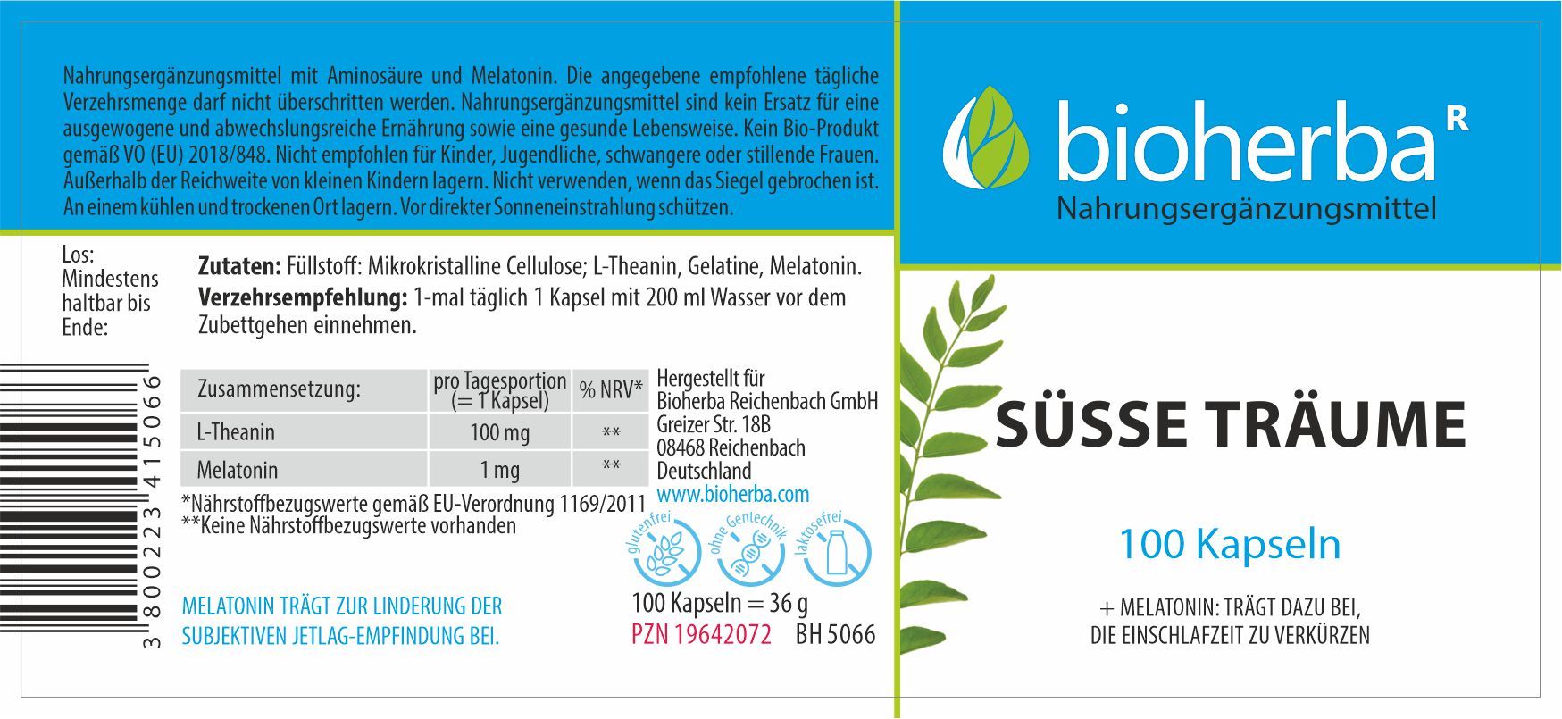 Weißes Etikett mit blauer Leiste. Produktname "Süsse Träume" und "100 Kapseln" sichtbar. Zusammensetzung und Verzehrempfehlung.