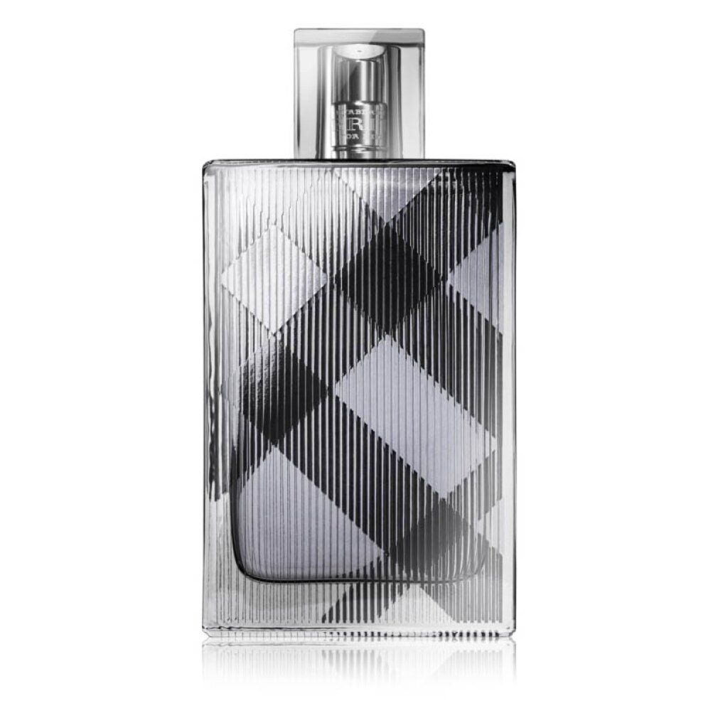 Burberry Brit for Him Eau de Toilette Spray. Rechteckiger Flakon mit Karomuster. Silberner Sprühkopf. Transparentes Glas.