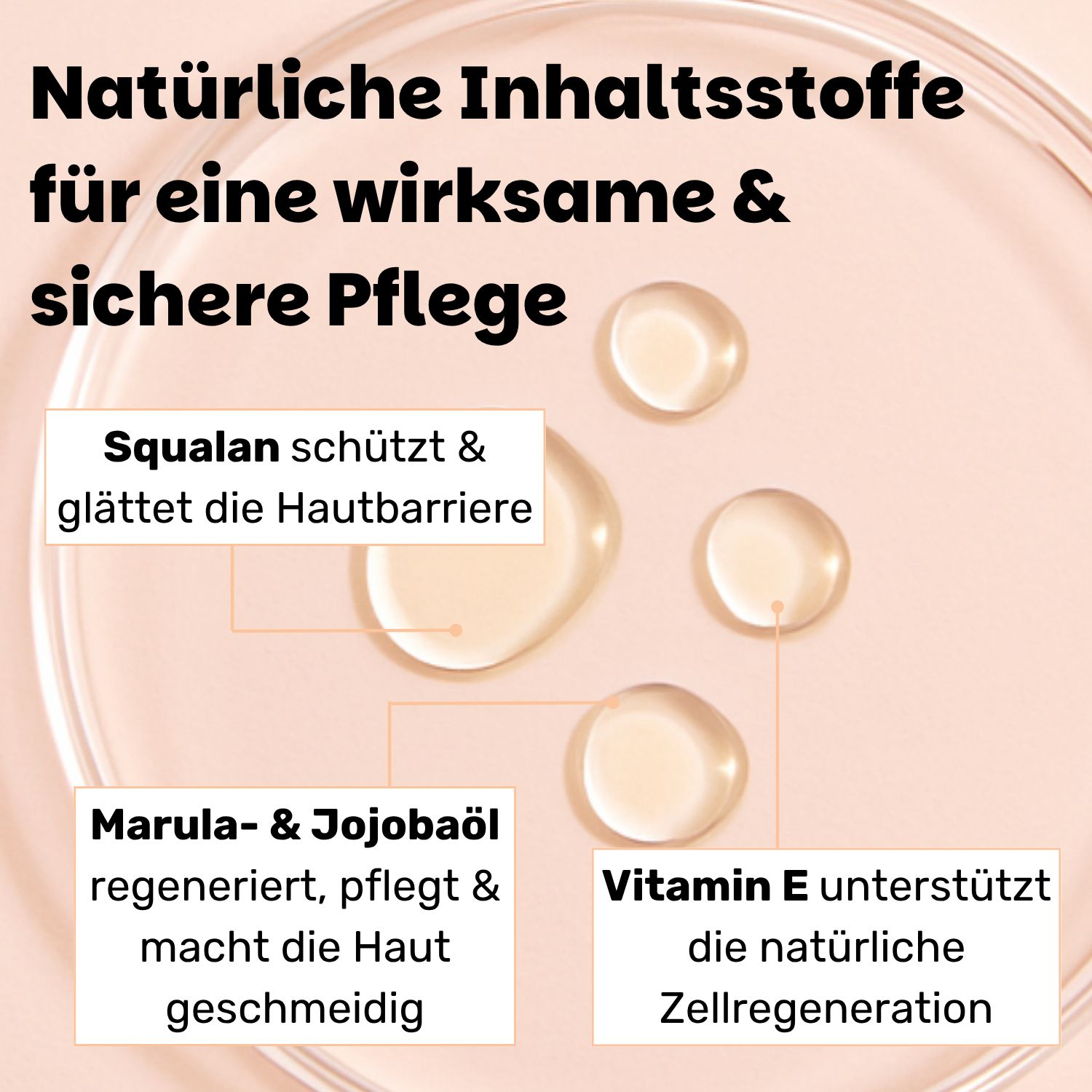 Nahaufnahme von Öltropfen. Text: Squalen schützt & glättet, Marula- & Jojobaöl regeneriert, Vitamin E unterstützt die Zellregeneration.