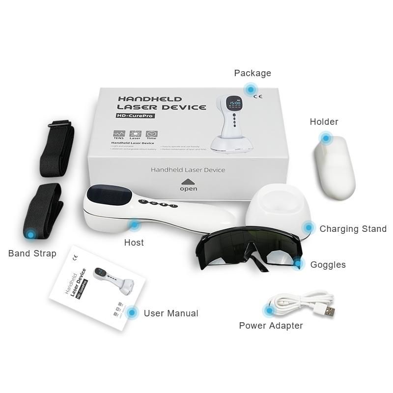 Komplettes Set des Low-Level-Lasertherapiegeräts mit Zubehör: Brille, Ladestation, Handbuch.