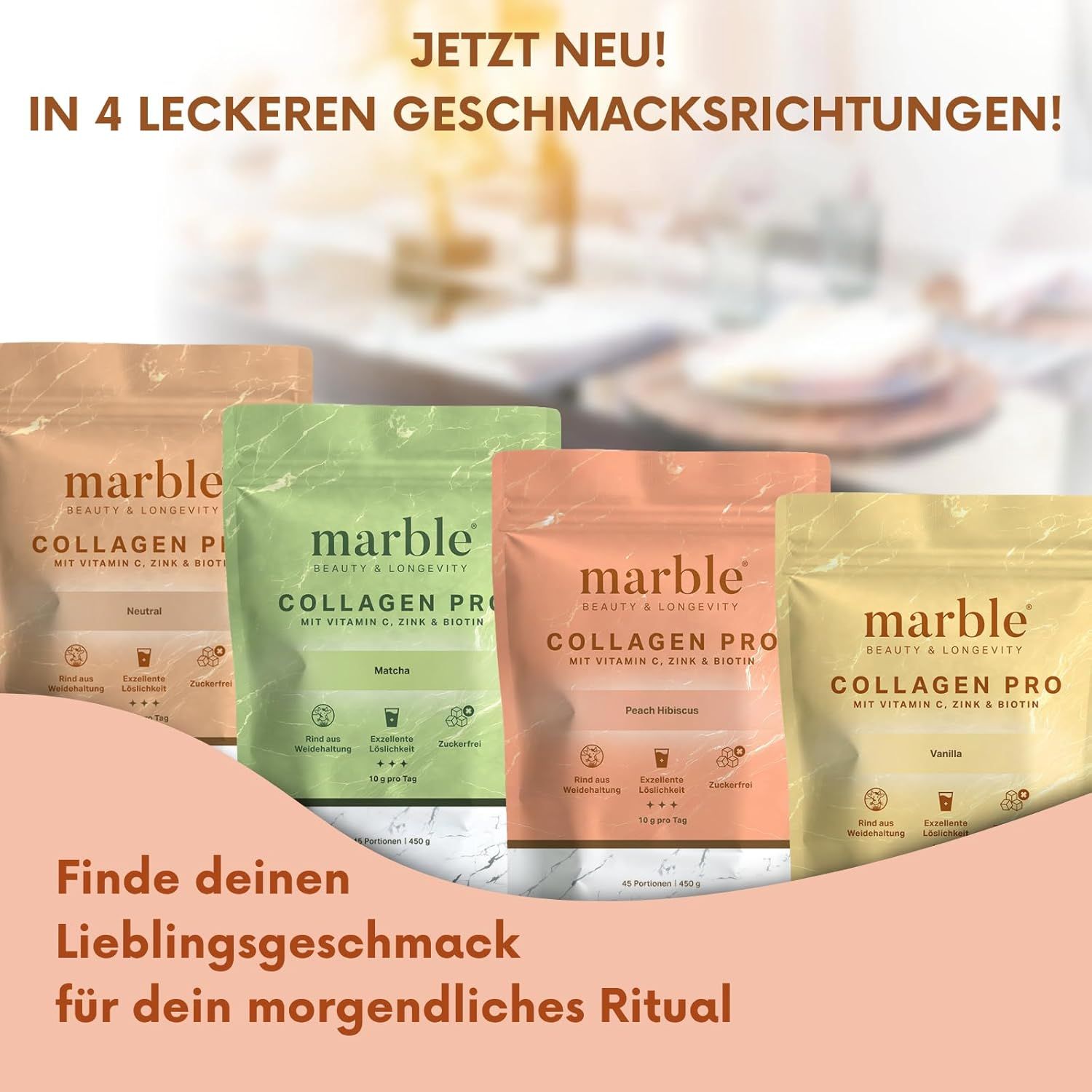 Vier Beutel Marble® Collagen Pro in verschiedenen Geschmacksrichtungen: Neutral, Matcha, Peach Hibiscus, Vanilla.