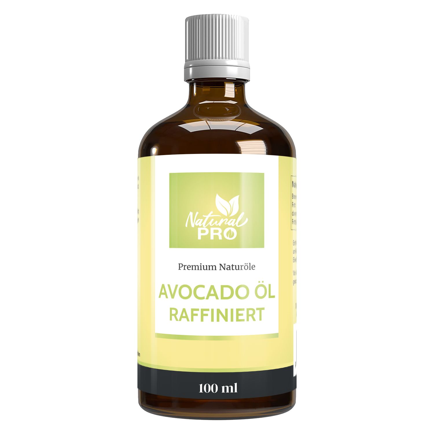 Braune Glasflasche mit weißem Deckel. Etikett mit Logo, Text: Avocado Öl raffiniert, 100 ml. Hintergrund weiß.