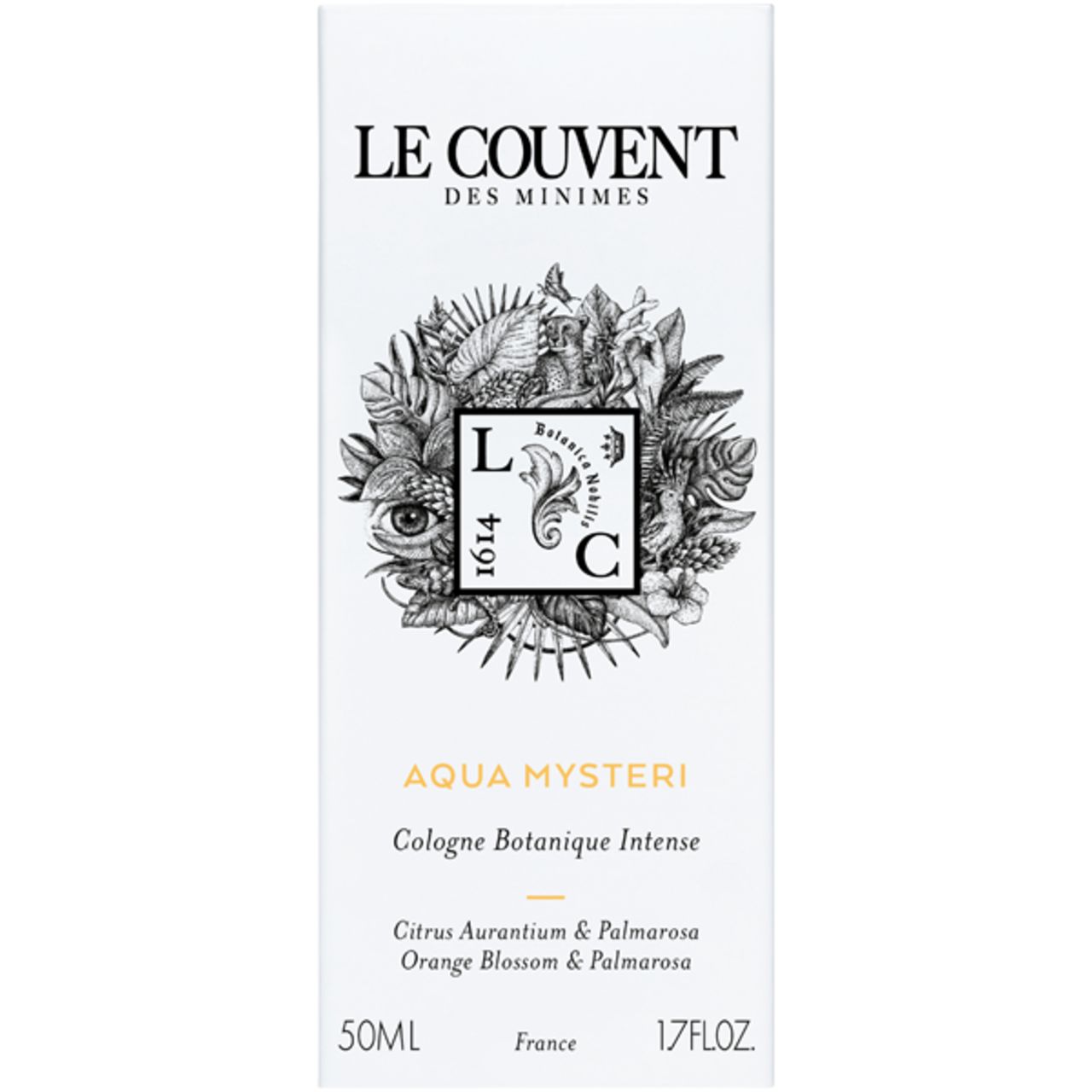 Verpackung. Aufschrift: Le Couvent des Minimes, Aqua Mysteri, Cologne Botanique Intense, 50ml, 1.7 FL.OZ.