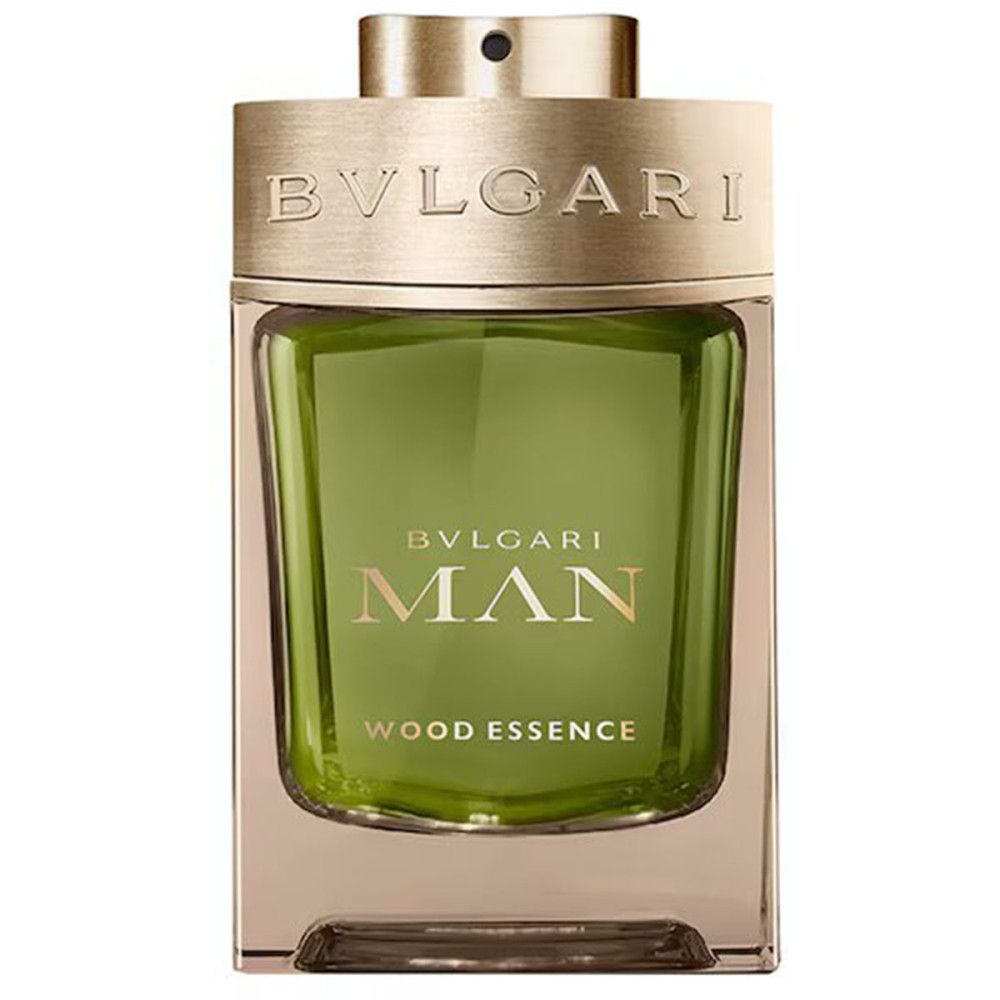 Bvlgari Man Wood Essence Eau de Parfum Flakon mit goldenem Verschluss und grünem Inhalt.