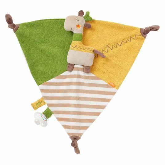 Dreieckiges Kuscheltuch mit Giraffe. Grün, gelb und gestreift. Mit Knoten an den Ecken und einem Label.