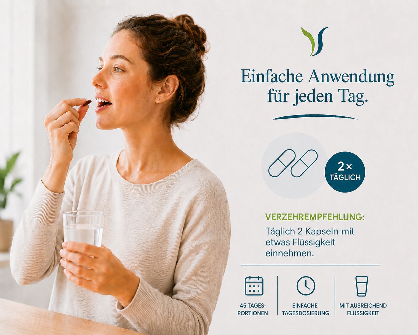 Frau nimmt eine Kapsel mit Wasser ein, mit Icons für tägliche Einnahme.
