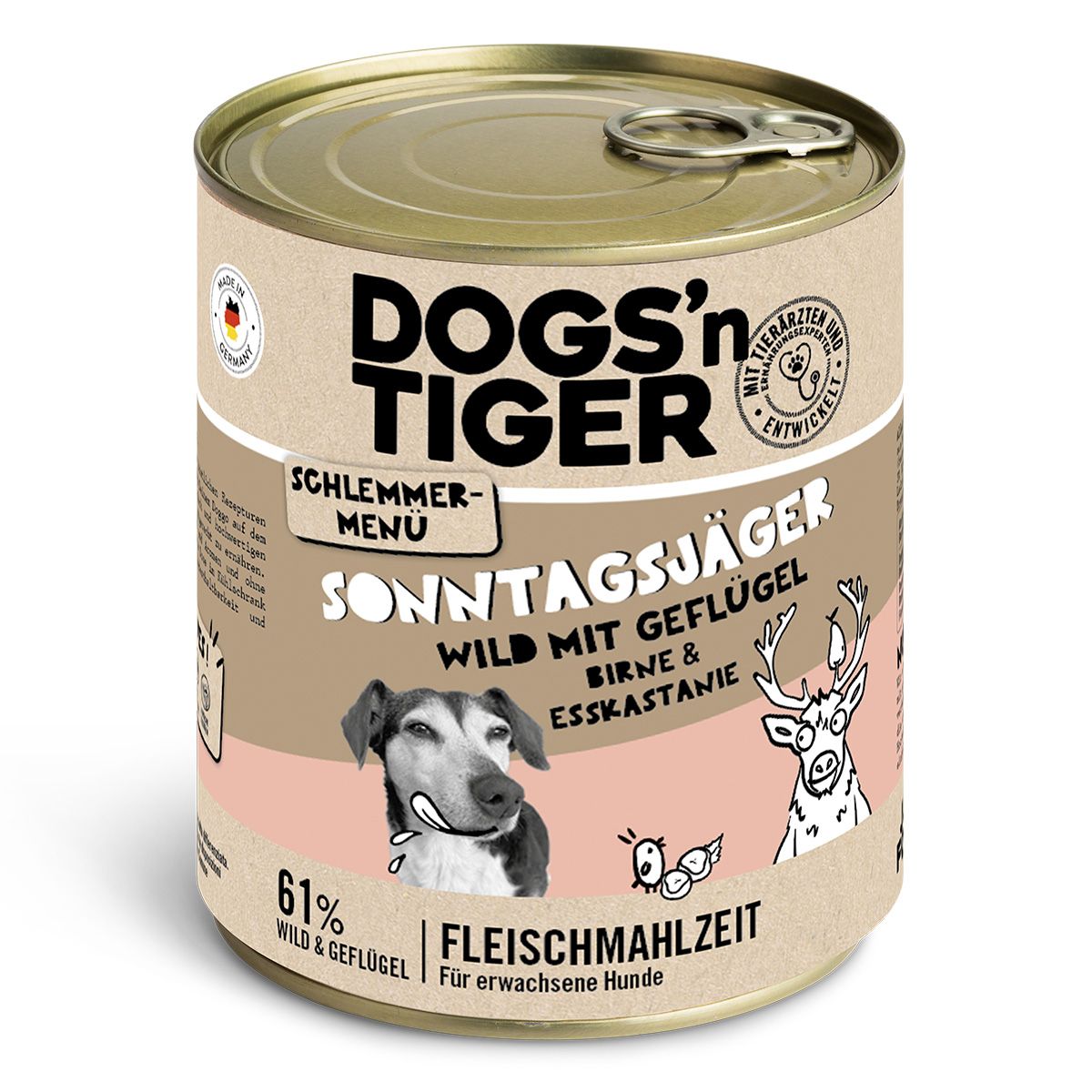 Dose Hunde Nassfutter. Auf der Dose steht: Dogs'n Tiger, Sonntagsjäger, Wild mit Geflügel, Birne & Esskastanie. Mit Logo und Qualitätssiegel.
