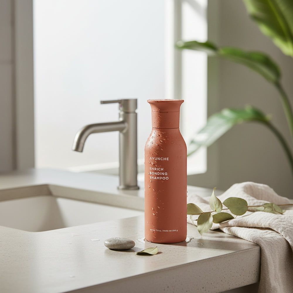 AYUNCHE Enrich Bonding Shampoo neben einem Waschbecken mit Armatur.