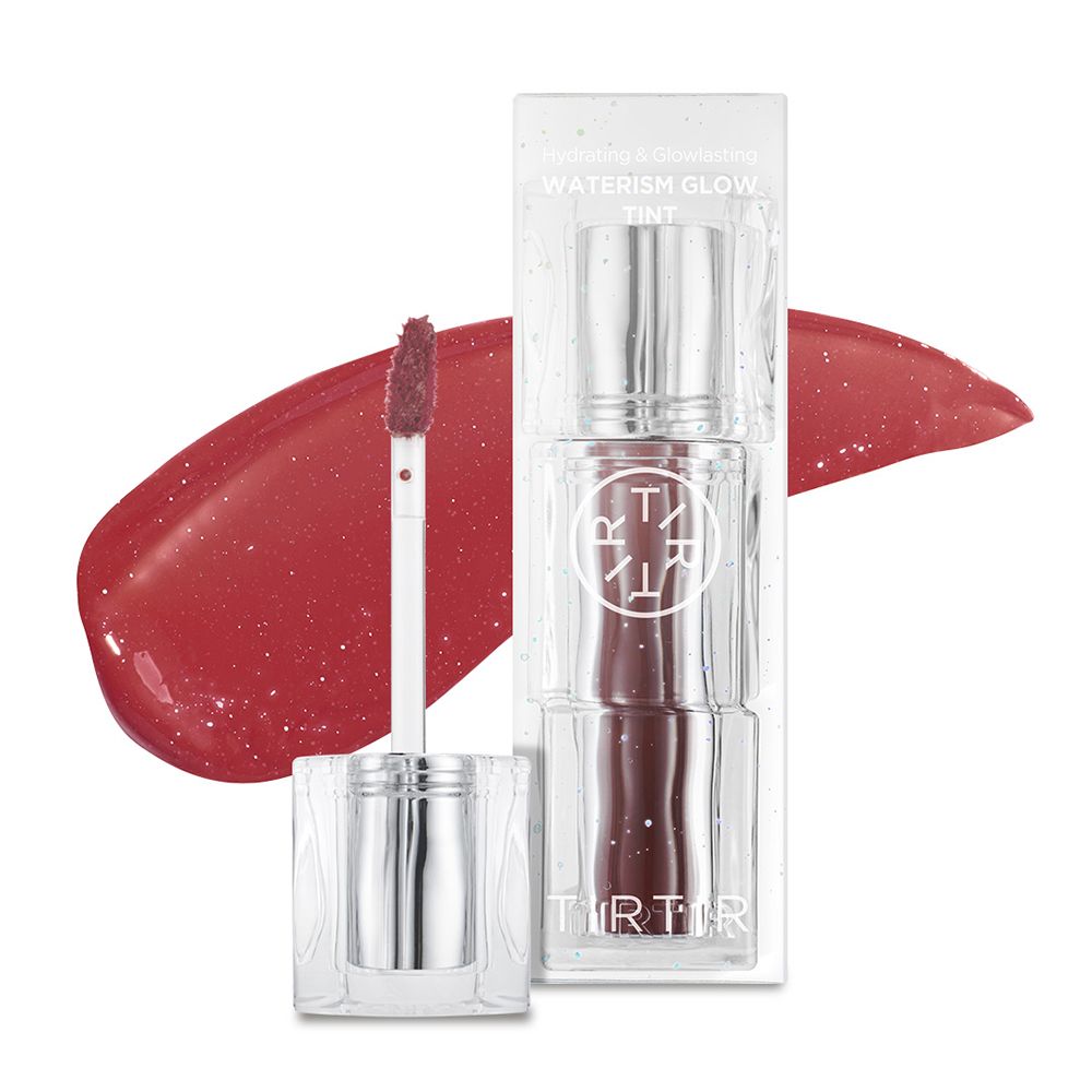 TIRTIR Waterism Glow Tint Lippenstift in klarer Verpackung mit Applikator und rotem Swatch.