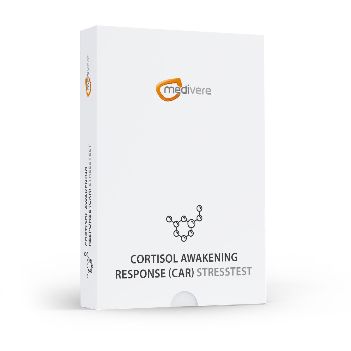 Weiße Produktverpackung mit Logo und Aufschrift. Enthält Test zur Cortisol-Awakening-Response (CAR).