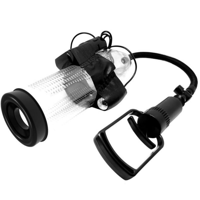 Penispumpe mit Zubehör. Transparenter Zylinder, schwarzer Griff und Schlauch. Zubehör am Zylinder befestigt.