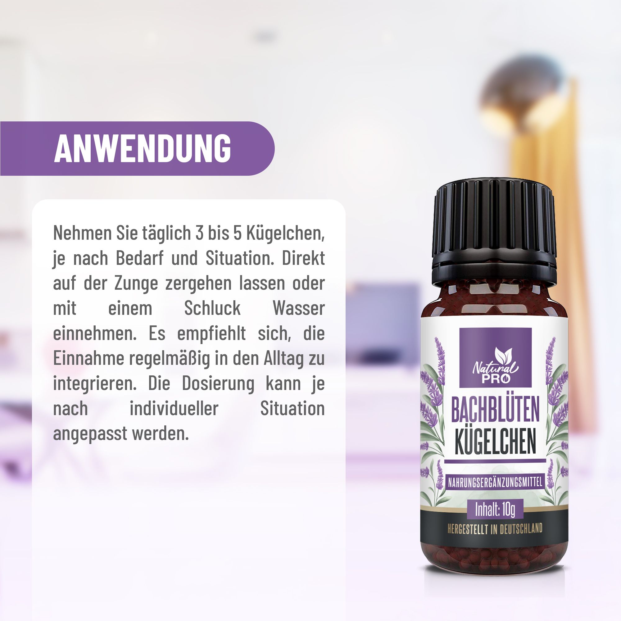 Braune Glasflasche mit schwarzem Deckel. Etikett mit Produktnamen und floralem Design. Text 'Anwendung' daneben.