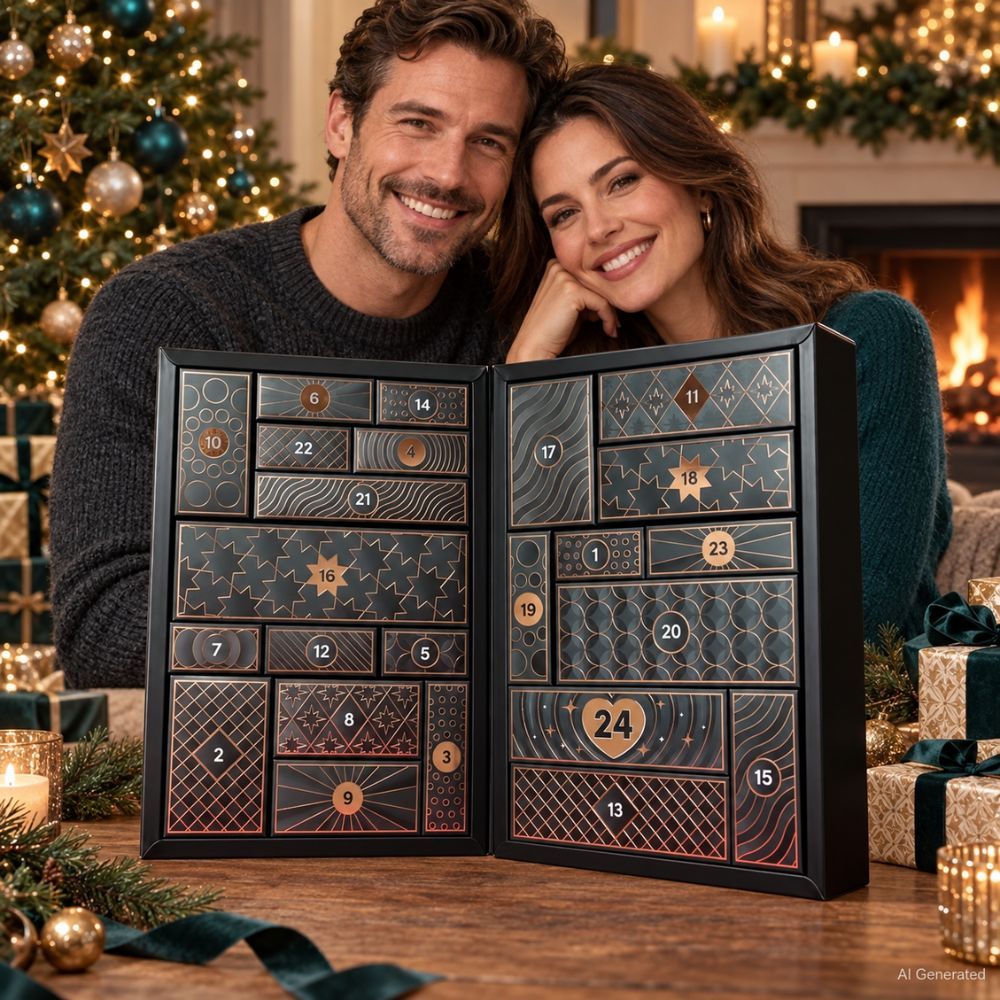 Ein Paar lächelt hinter einem geöffneten Adventskalender mit 24 nummerierten Fächern und weihnachtlicher Dekoration.