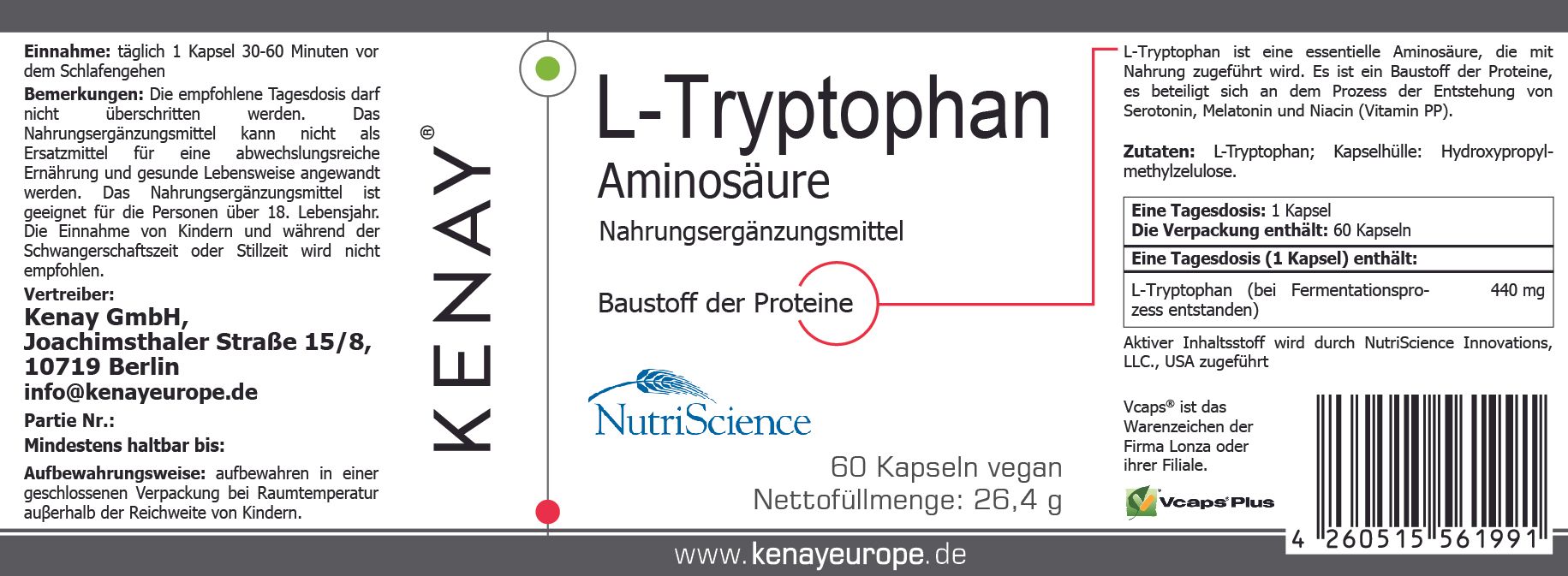 Etikett mit Text. L-Tryptophan Aminosäure KENAY. 60 Kapseln, vegan. NutriScience. Informationen zu Inhaltsstoffen und Hersteller.