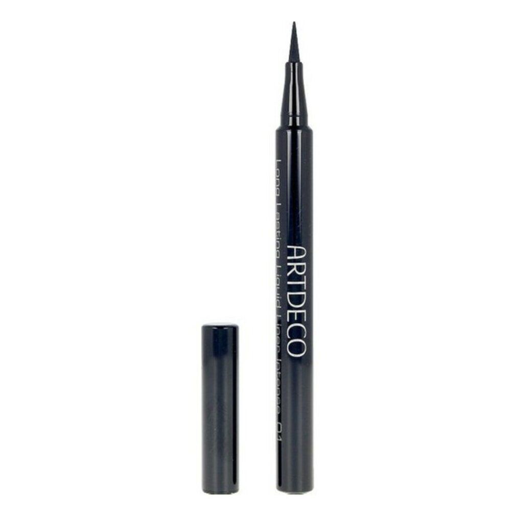 Schwarzer flüssiger Eyeliner mit Filzspitze. Aufschrift: Artdeco, Long Lasting Liquid Liner Intense. Kappe daneben.