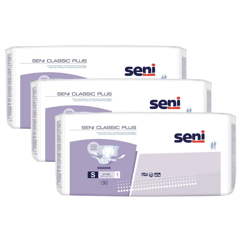 Drei Packungen Seni Classic Plus Inkontinenzhose. Weiße Verpackung mit lila Akzenten und Produktinformationen. Seni-Logo.