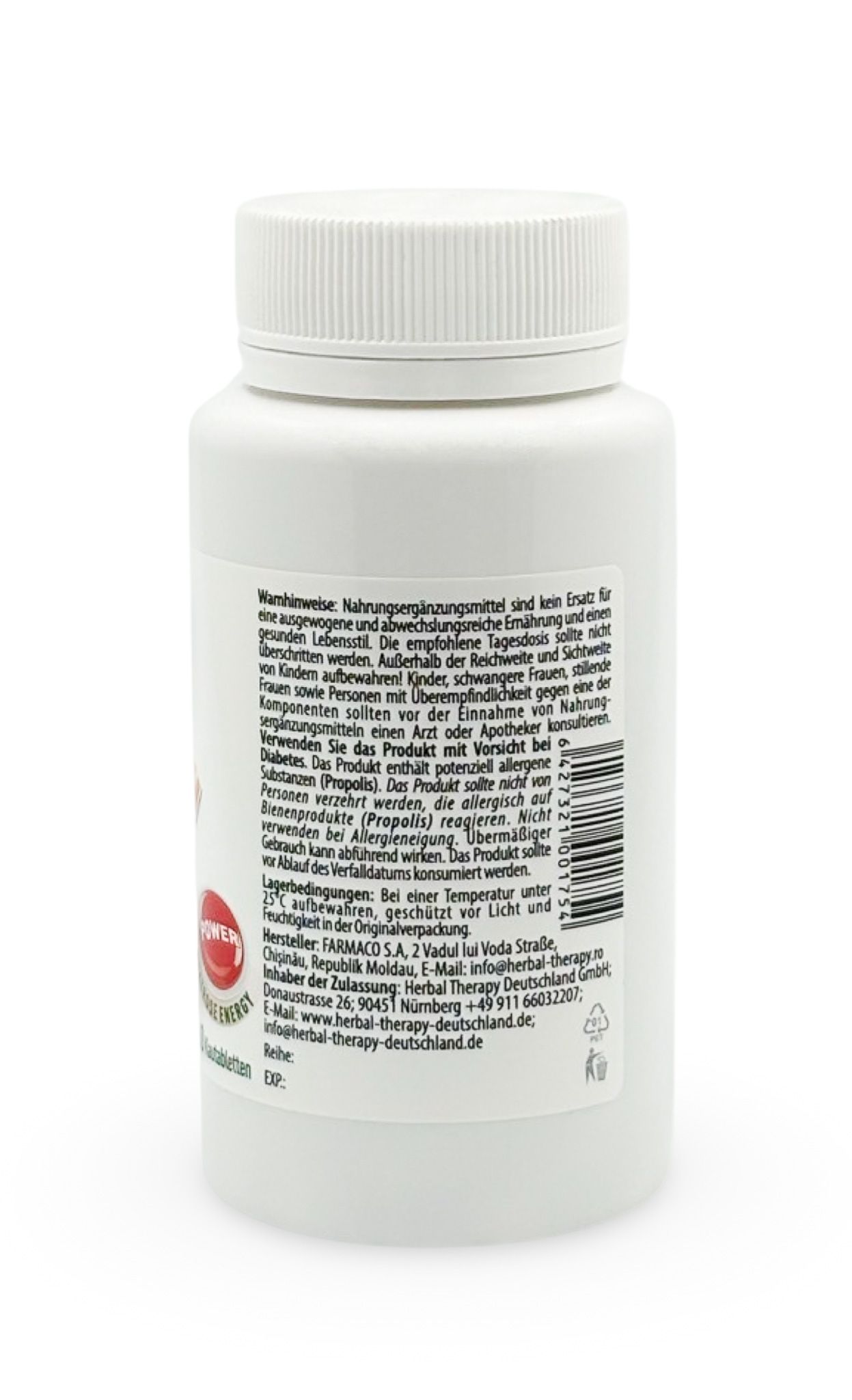 Rückseite der weißen Flasche. Warnhinweise und Herstellerinformationen. Barcode und Logo. Text in deutscher Sprache.