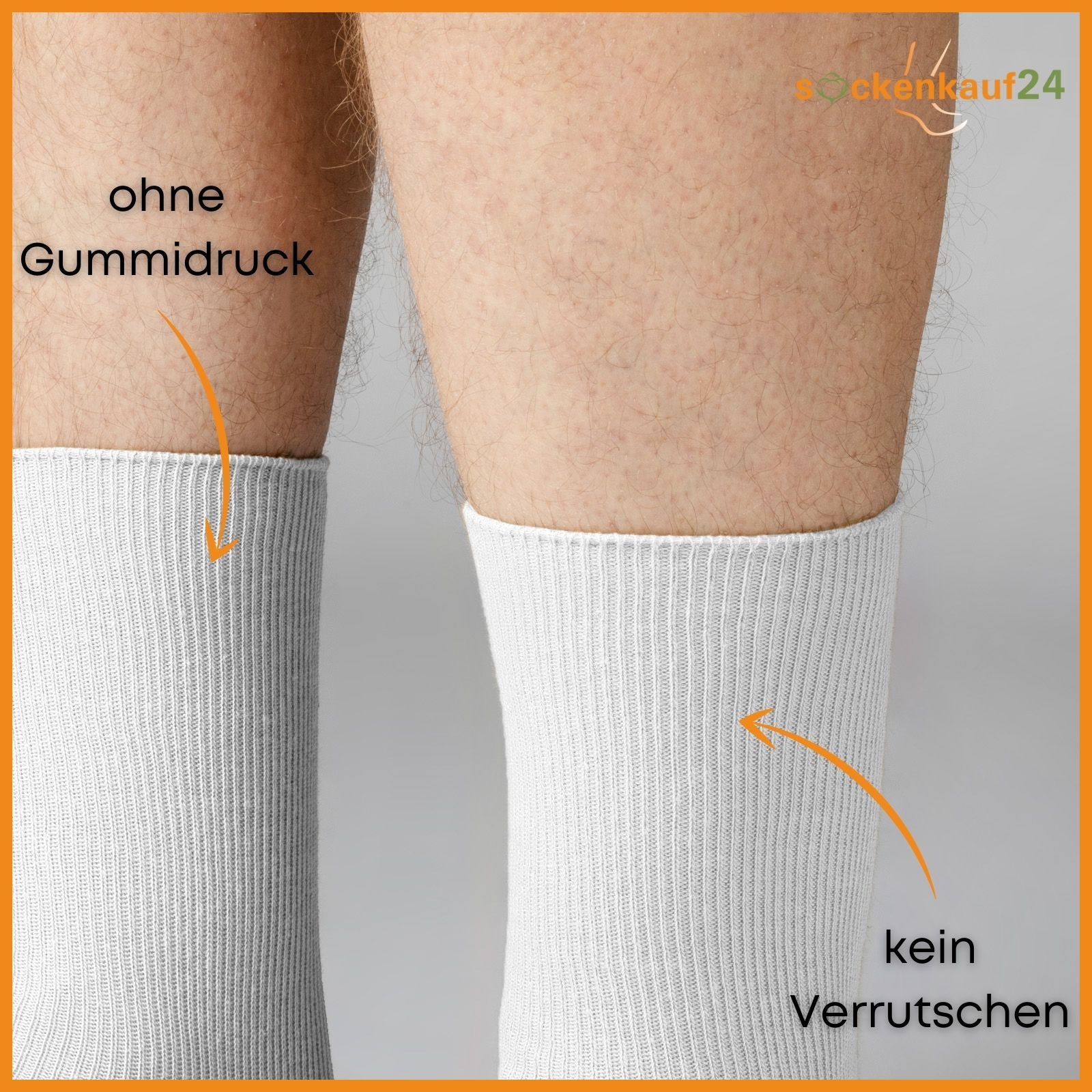 Nahaufnahme von weißen Socken. Ohne Gummidruck. Kein Verrutschen. Text: sockenkauf24.