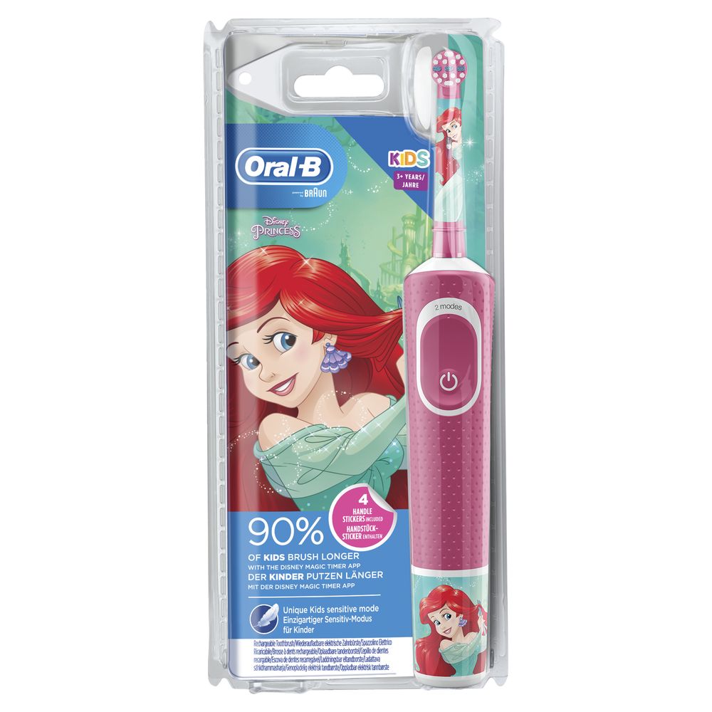 Verpackung mit elektrischer Zahnbürste, pink, mit Ariel-Motiv. Oral-B-Logo. Text: 90% of kids brush longer.