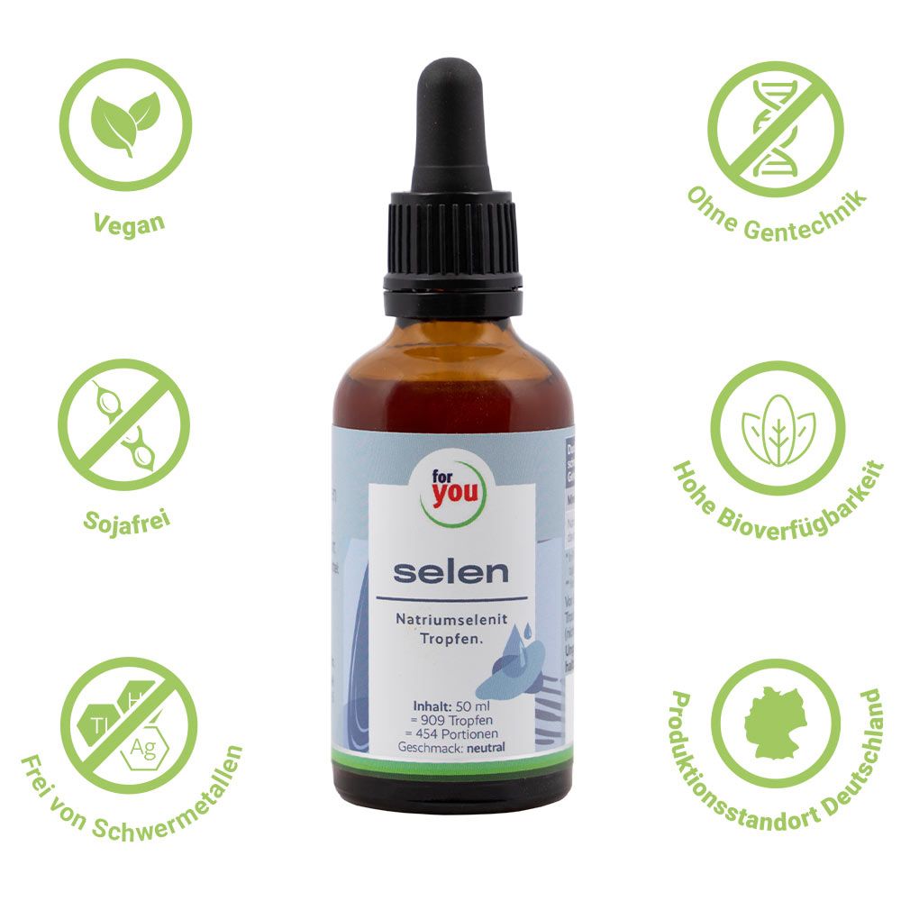 Flasche mit Selen Flüssig Tropfen, umgeben von Icons für Vegan und Gentechnikfrei.