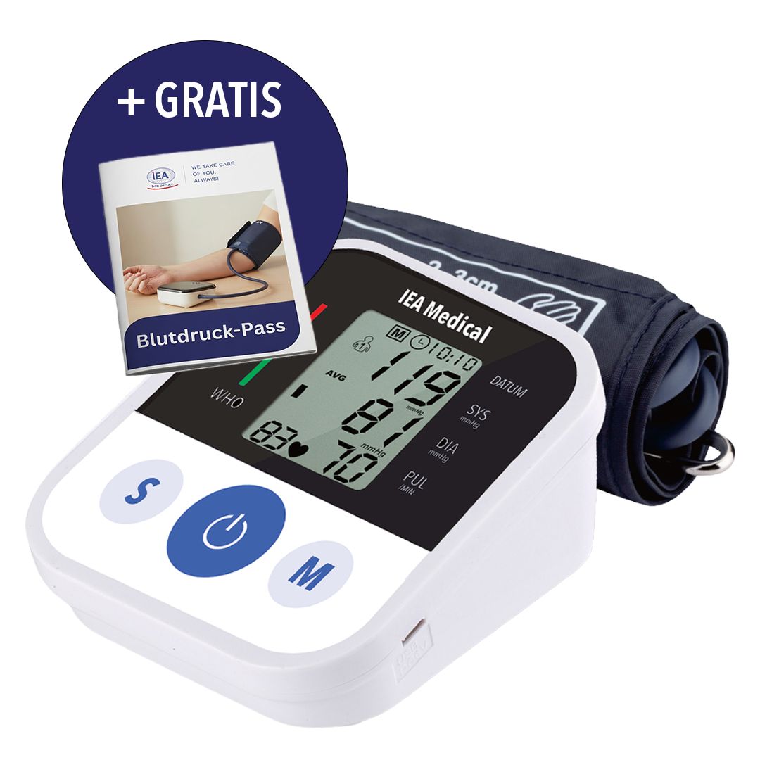 IEA Medical Oberarm-Blutdruckmessgerät mit Manschette und Blutdruck-Pass.