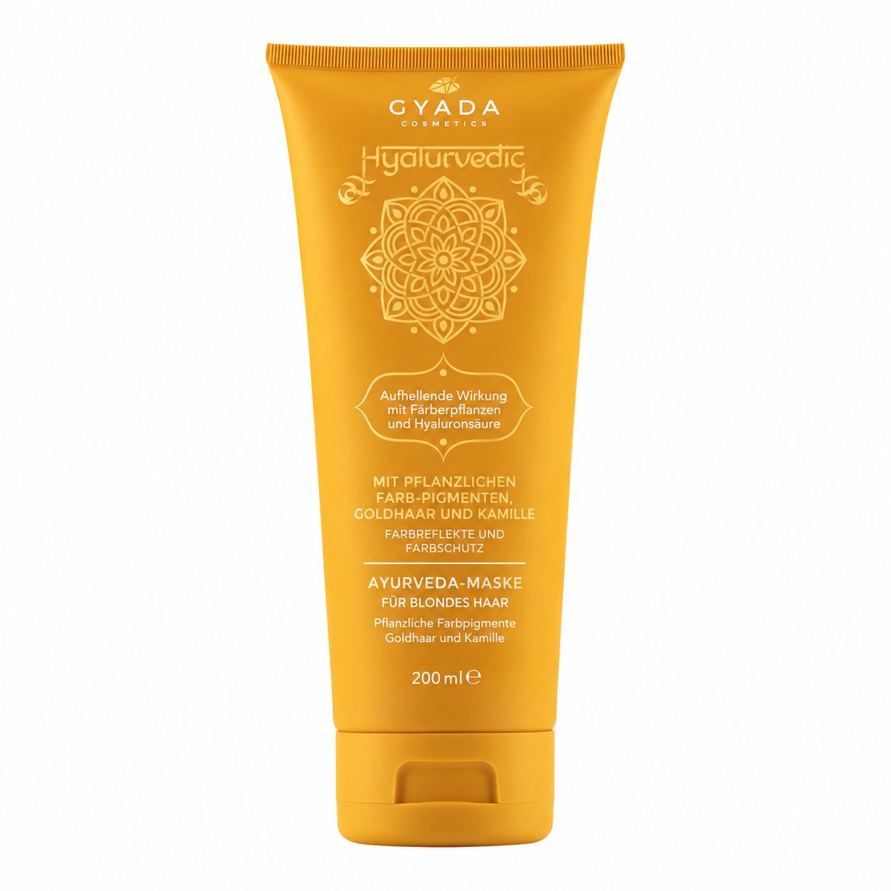 Gelbe Tube mit Mandala-Design, "GYADA COSMETICS Hyaluronic" Aufschrift, 200ml.