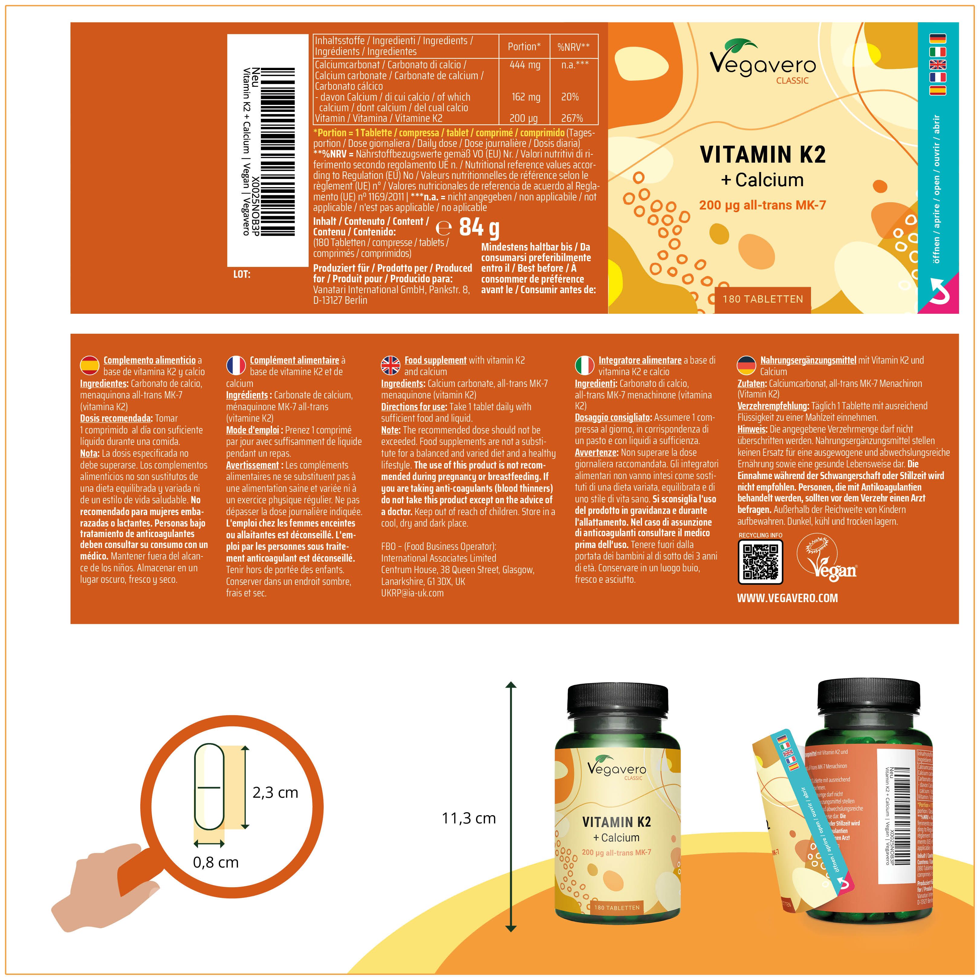 Produktverpackung mit VEGAVERO Vitamin K2 + Calcium. Enthält Informationen zu Inhaltsstoffen, Nährwerten und Gebrauchsanweisung.