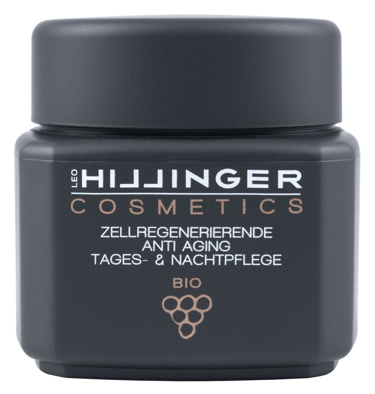 Dunkelgrauer Tiegel mit schwarzem Deckel. Aufschrift: LEO HILLINGER COSMETICS, Zellregenerierende Anti Aging Tages- & Nachtpflege, BIO.