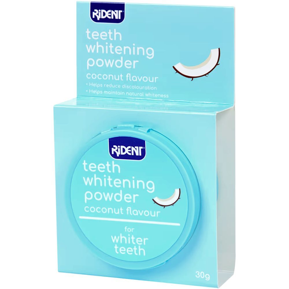 Zahnaufhellungspulver in hellblauer Verpackung. Runde Dose mit Deckel und Produktbezeichnung. Kokosnuss-Aroma. Marke Rident.