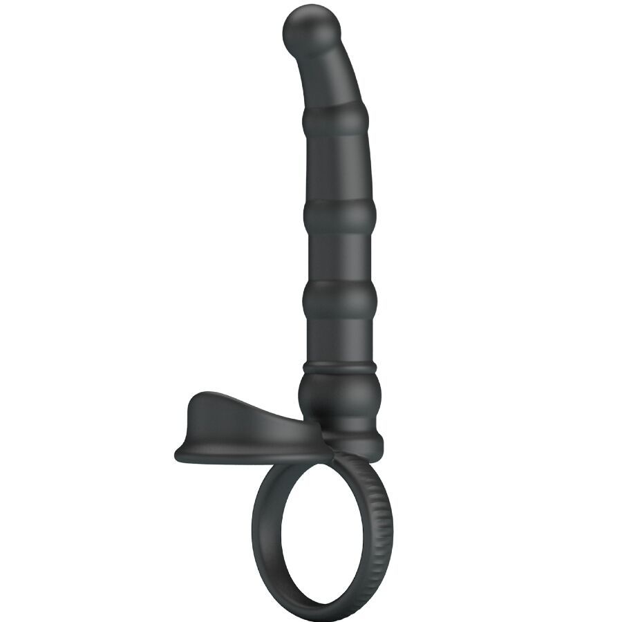 Schwarzer Penisring mit Rillen und ergonomischem Griff, von vorne.