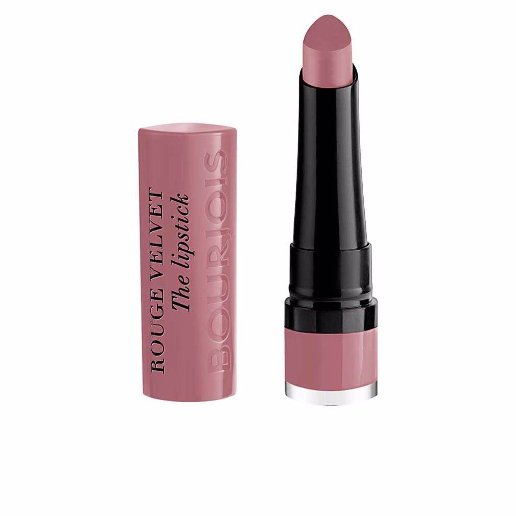 Lippenstift, rosa. Marke Bourjois, Rouge Velvet. Schwarzer Stift, rosa Hülse. Text: The lipstick.