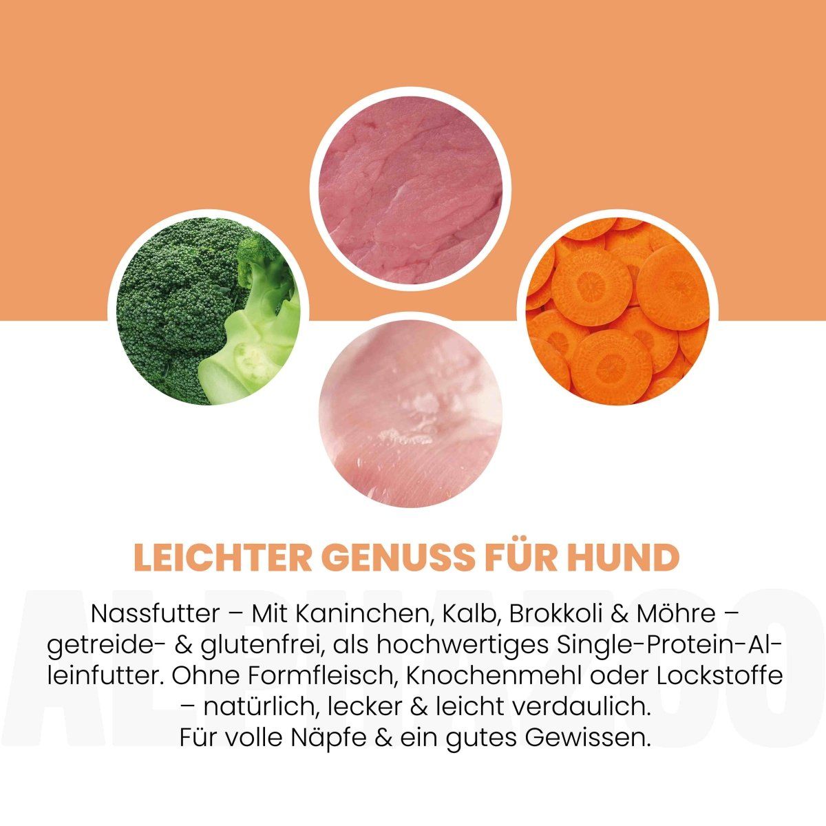 Kreisförmige Anordnung von Zutaten: Kaninchen, Brokkoli, Karotten. Text: Leichter Genuss für Hunde. Getreide- & glutenfrei.