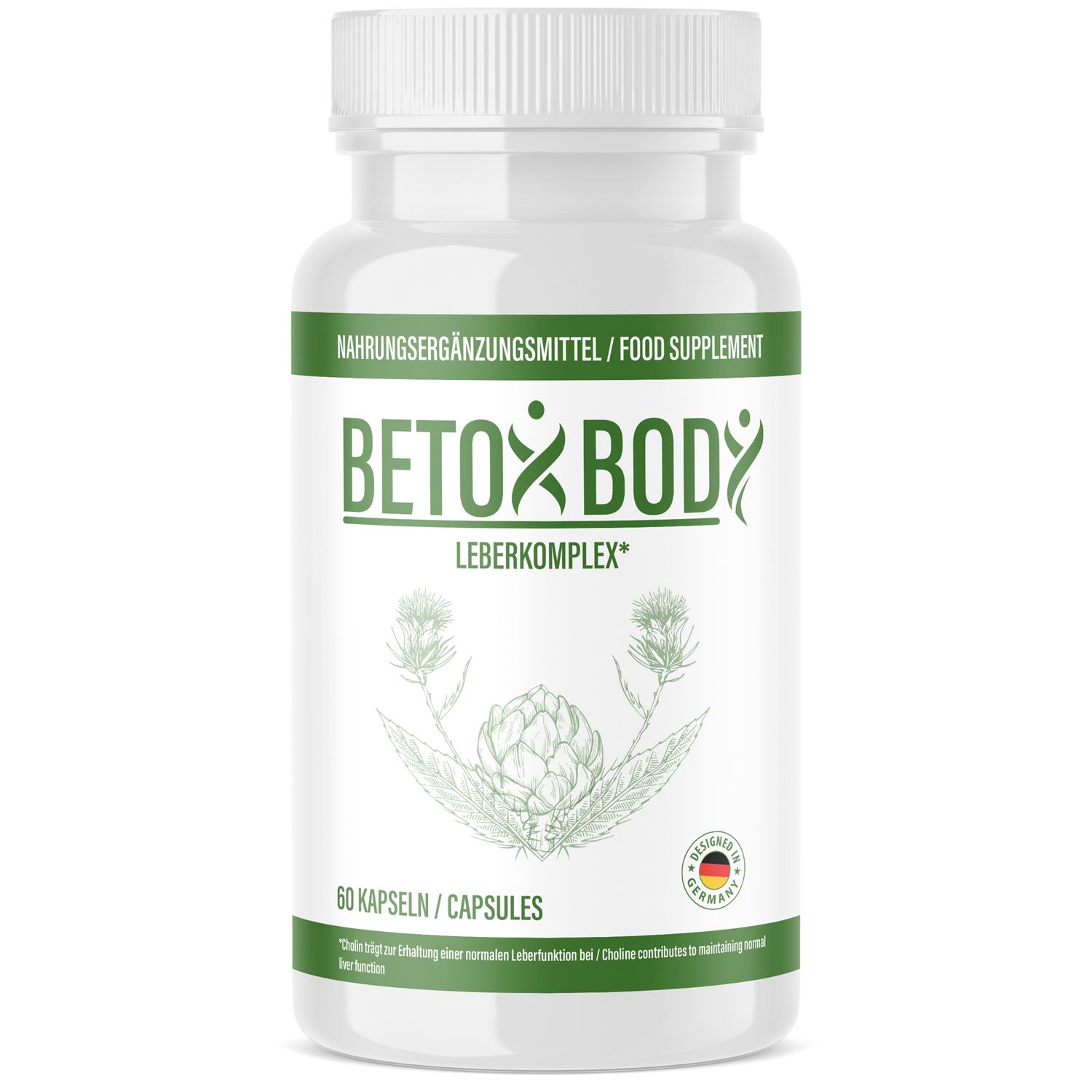 Weiße Flasche mit grüner Aufschrift. Enthält 60 Kapseln. Aufschrift: Betox Body Leberkomplex. Nahrungsergänzungsmittel.