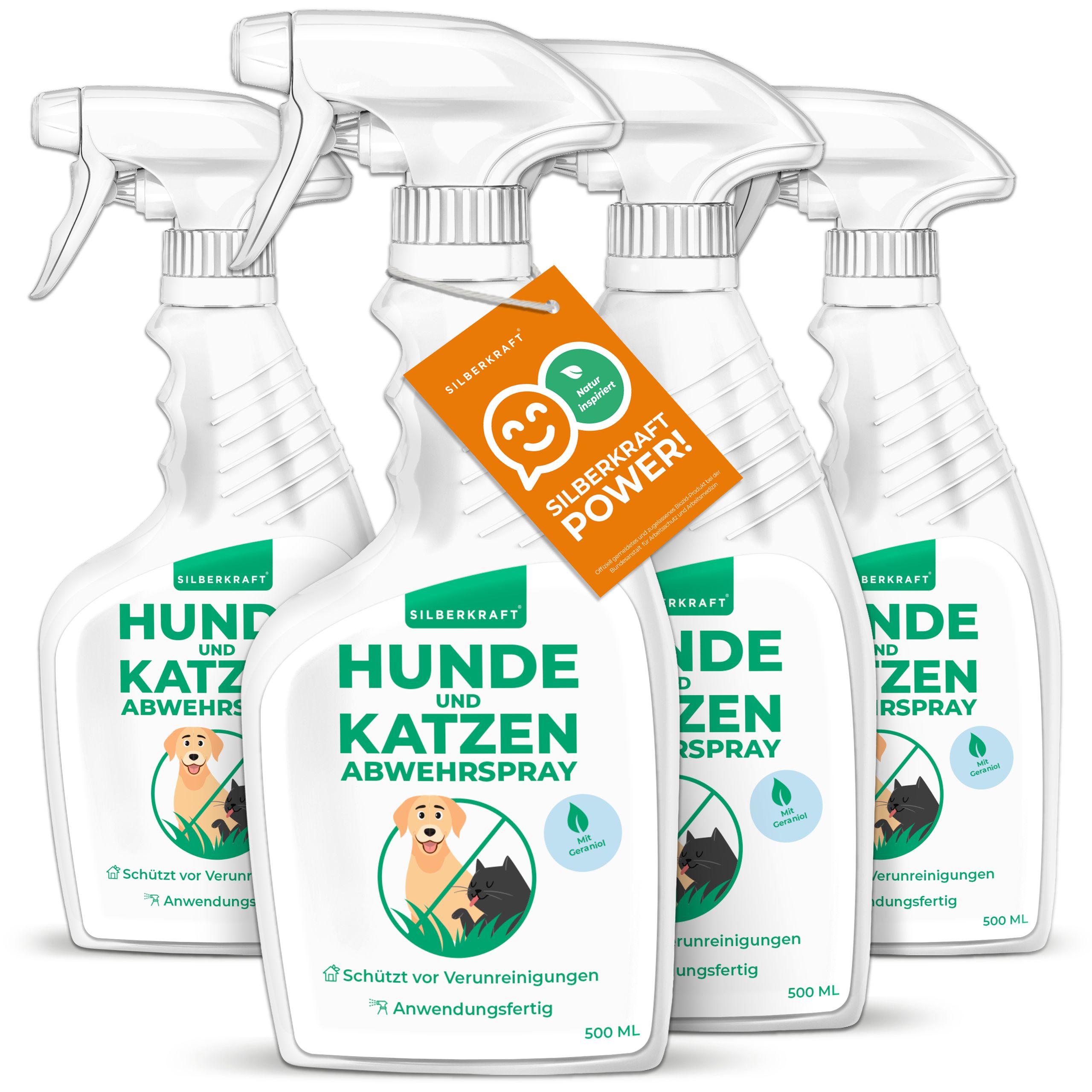 Mehrere Sprühflaschen mit Etikett "Hunde & Katzen Abwehrspray". Aufkleber mit Logo und Text. Flaschen mit Sprühkopf.