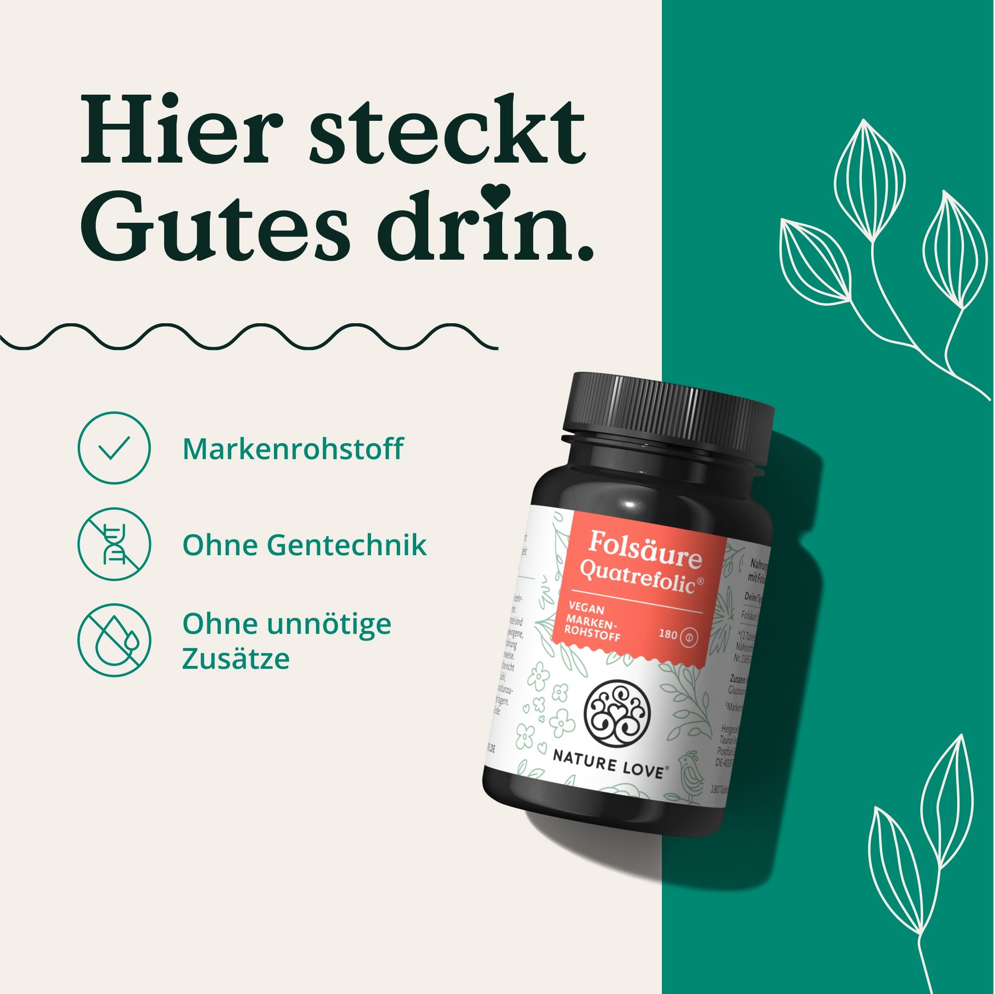 Schwarze Flasche mit weißem Etikett. Aufschrift: Folsäure Quatrefolic, 180. Text: Markenrohstoff, Ohne Gentechnik, Ohne unnötige Zusätze.